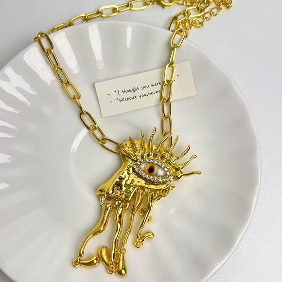 Schiaparelli Inspired Gold Tone Eye Statement Pendant Necklace Abstract Art - Picture 7 of 9